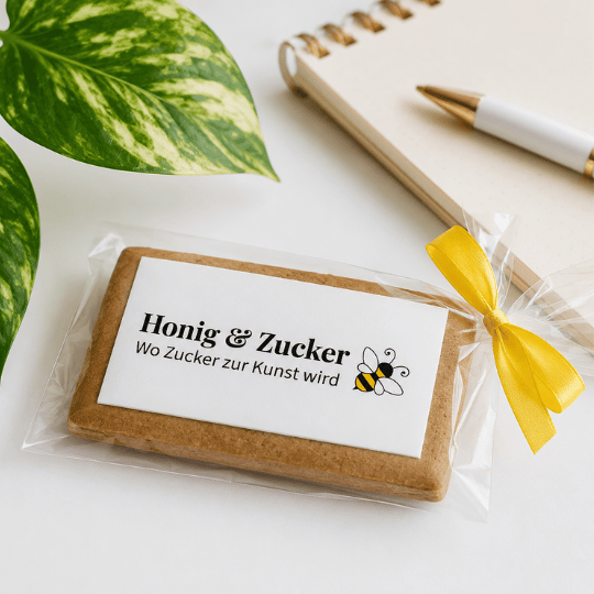 Rechteckiges Firmenpräsent mit individuellem Firmenlogo und eleganter Geschenkverpackung